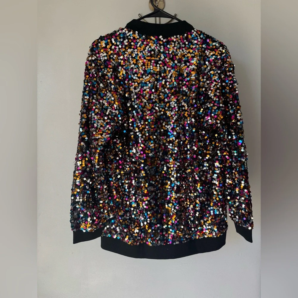 Allegra K Black Bomber Jacket Multicolor Sequins Front Zipper Closure Size XS
